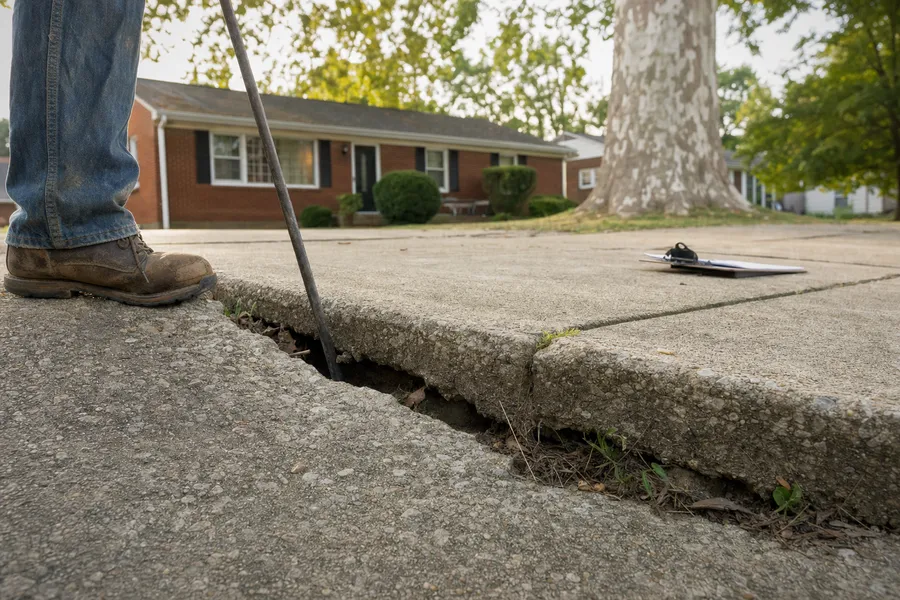 An older Henderson concrete driveway heaved and cracked at a joint, with a steel probe checking the void under the lifted edge