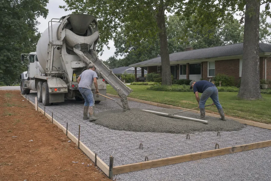 A residential driveway being poured in Henderson County: staked wood forms, wire mesh on chairs, and a mixer truck placing concrete