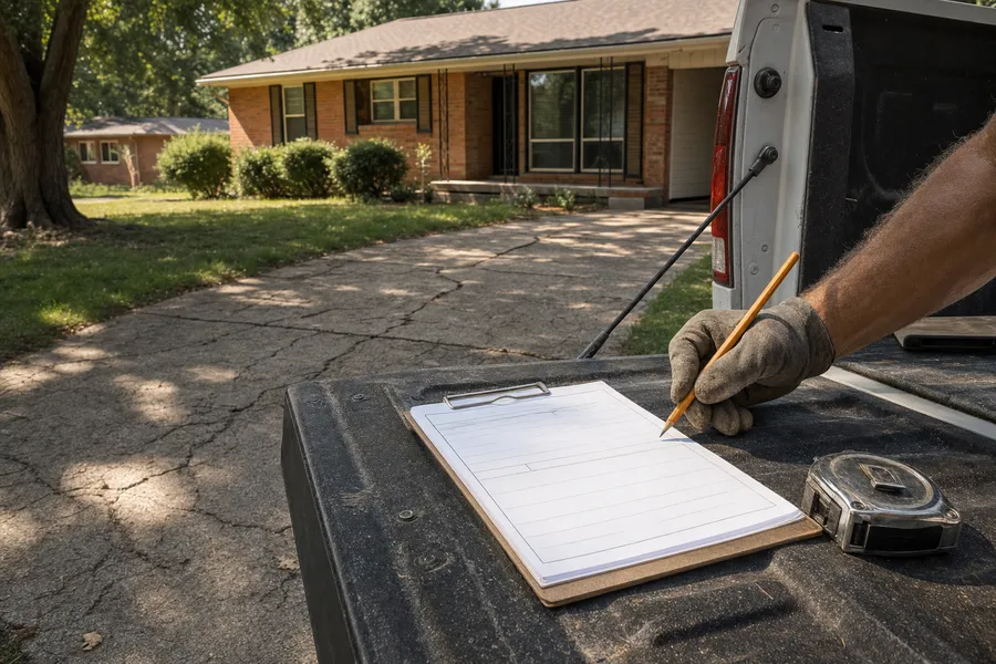 A blank estimate clipboard and a tape measure on a pickup tailgate in front of a cracked Henderson driveway