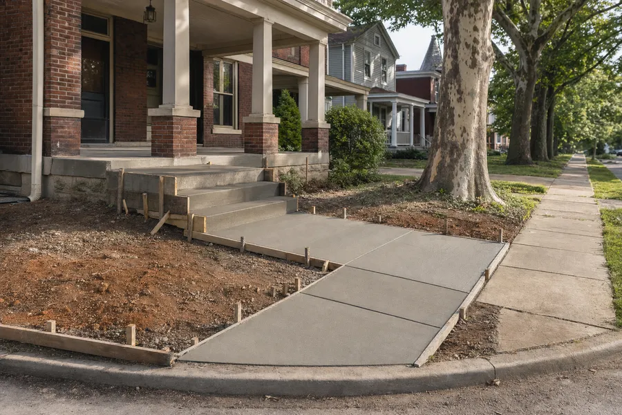 A new concrete front walk and poured-in-place steps with the forms still on at an older brick house with a deep porch near downtown Henderson, Kentucky
