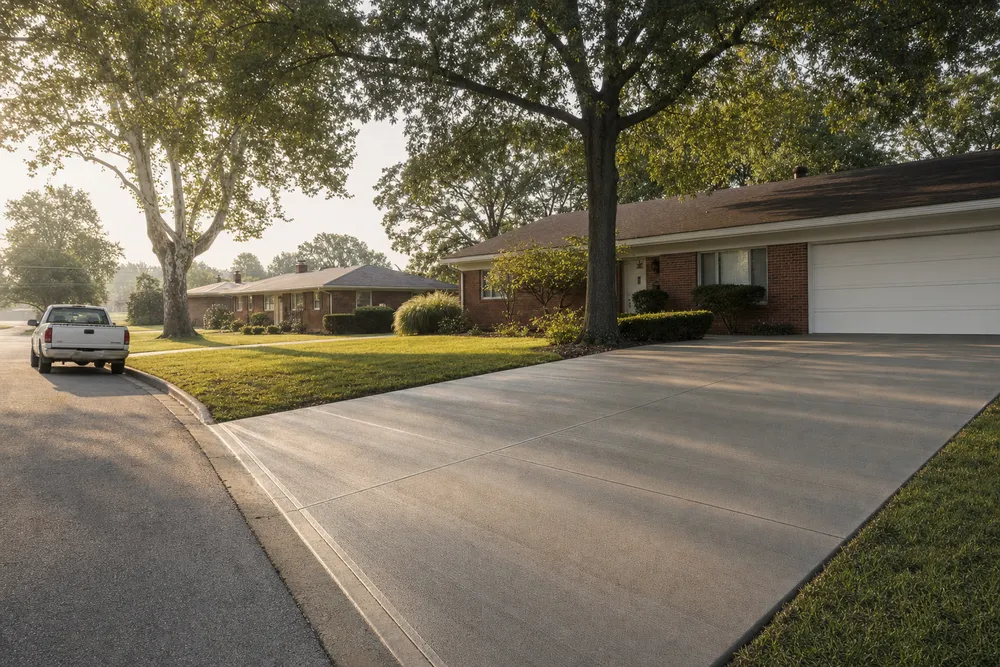 A new broom-finished concrete driveway with saw-cut control joints in front of a brick ranch home in Henderson, Kentucky