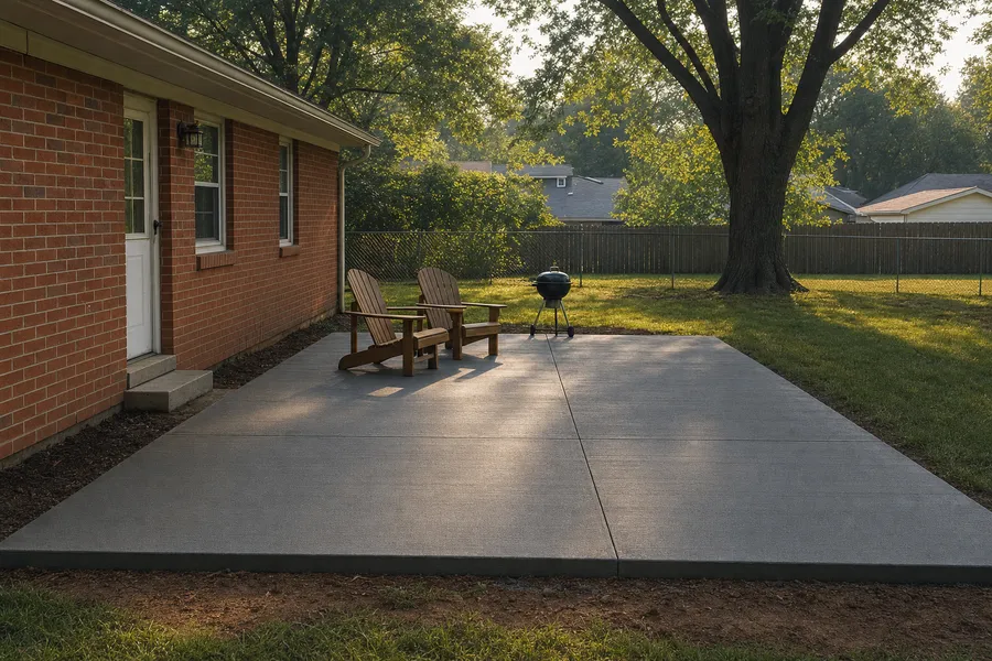 A new broom-finished concrete patio behind a brick ranch home in Henderson, Kentucky with two chairs and a grill on it