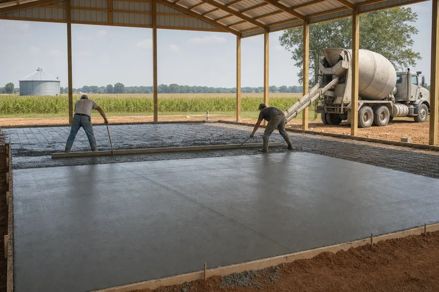 A concrete floor being screeded inside a new pole barn at the edge of a corn field in Henderson County, Kentucky