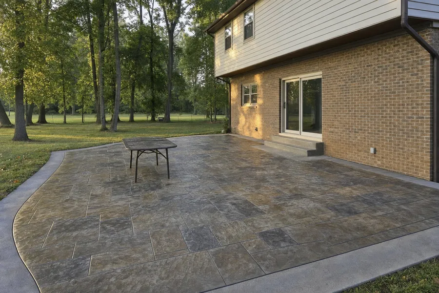 A stamped concrete patio in an ashlar slate pattern with a warm sandstone color behind a two-story home in Henderson, Kentucky